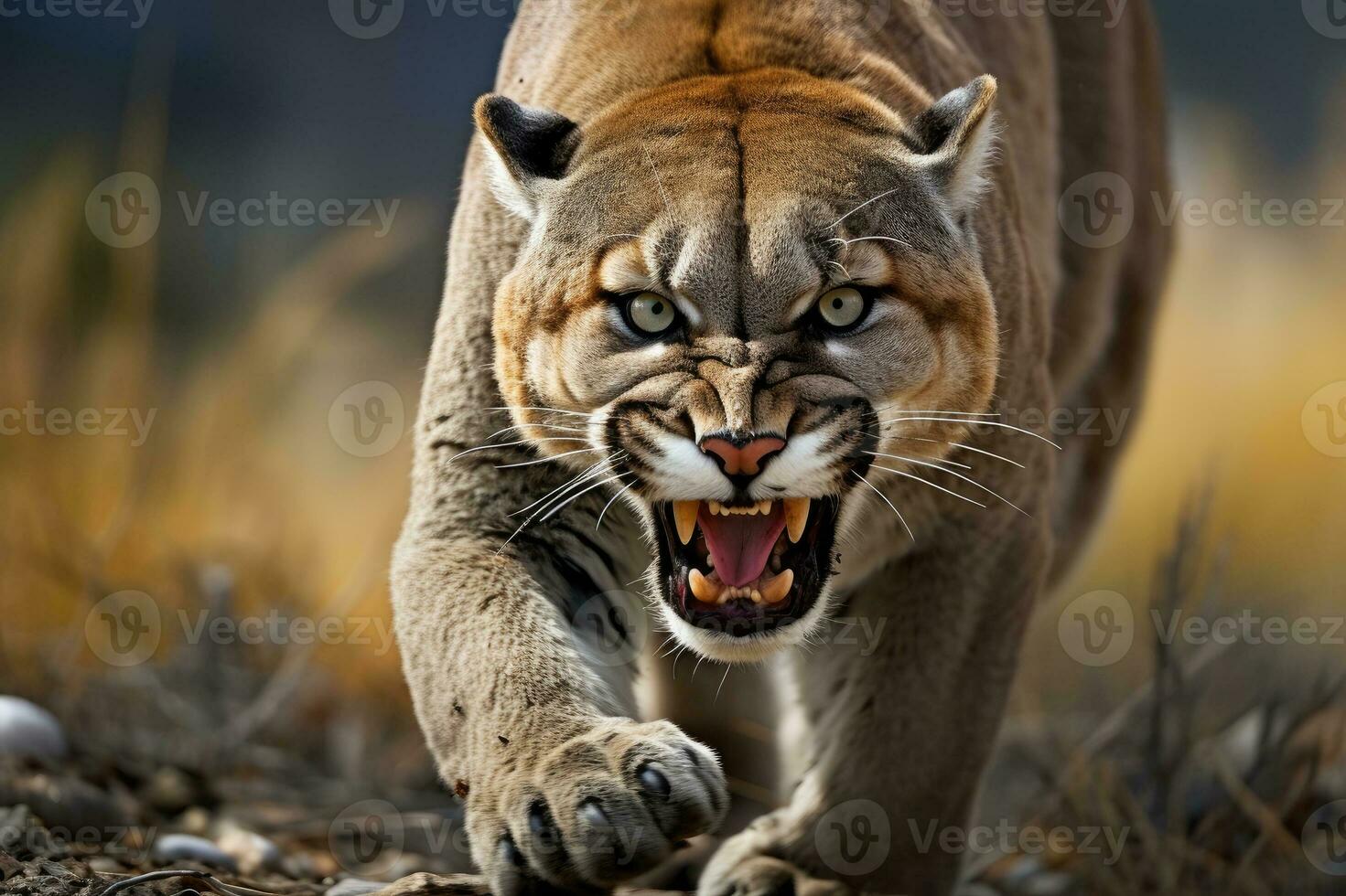 Roaring cougar or mountain lion hunts its prey. Generative AI photo