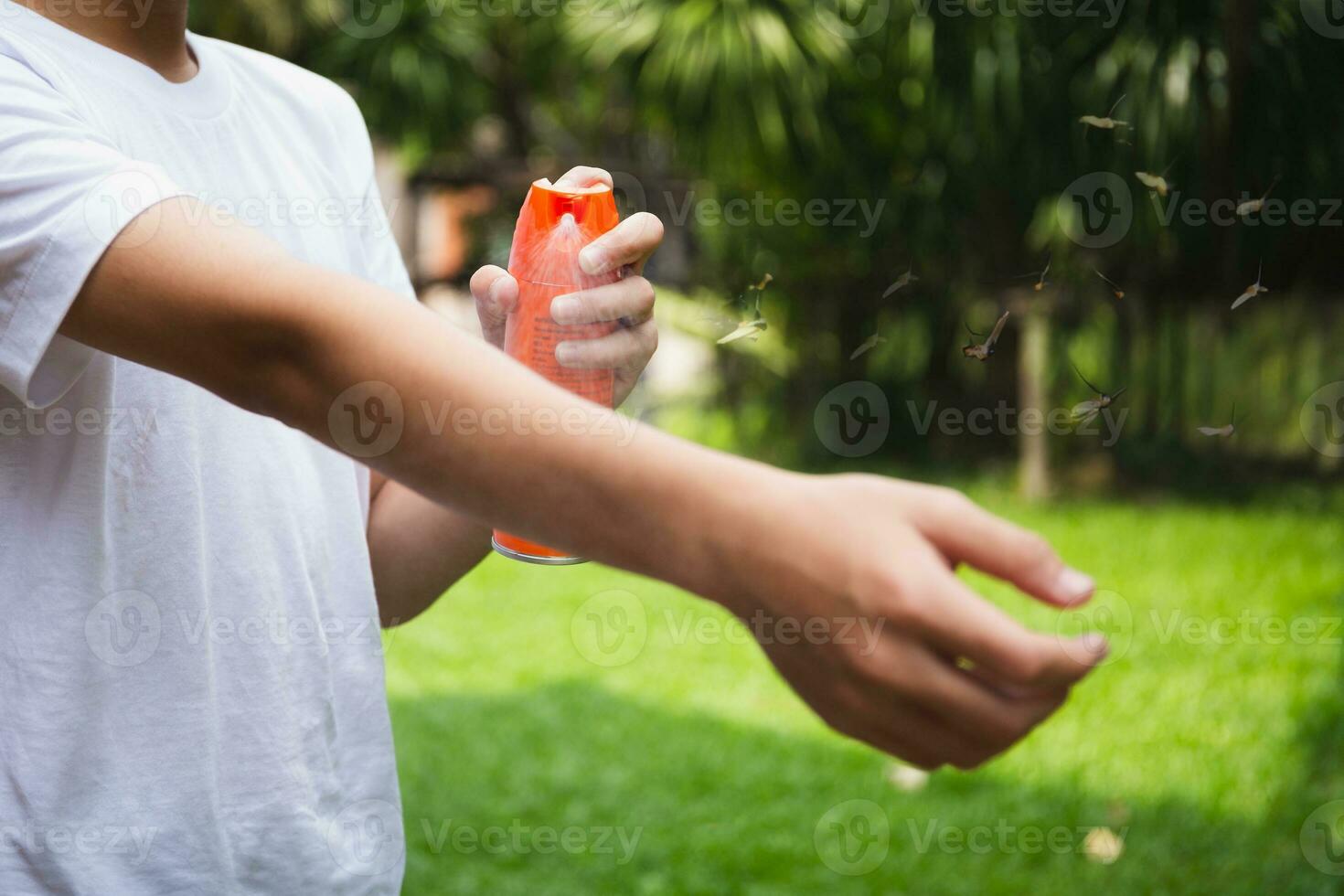 Young boy spraying insect repellents on skin in the garden with mosquito flying. photo