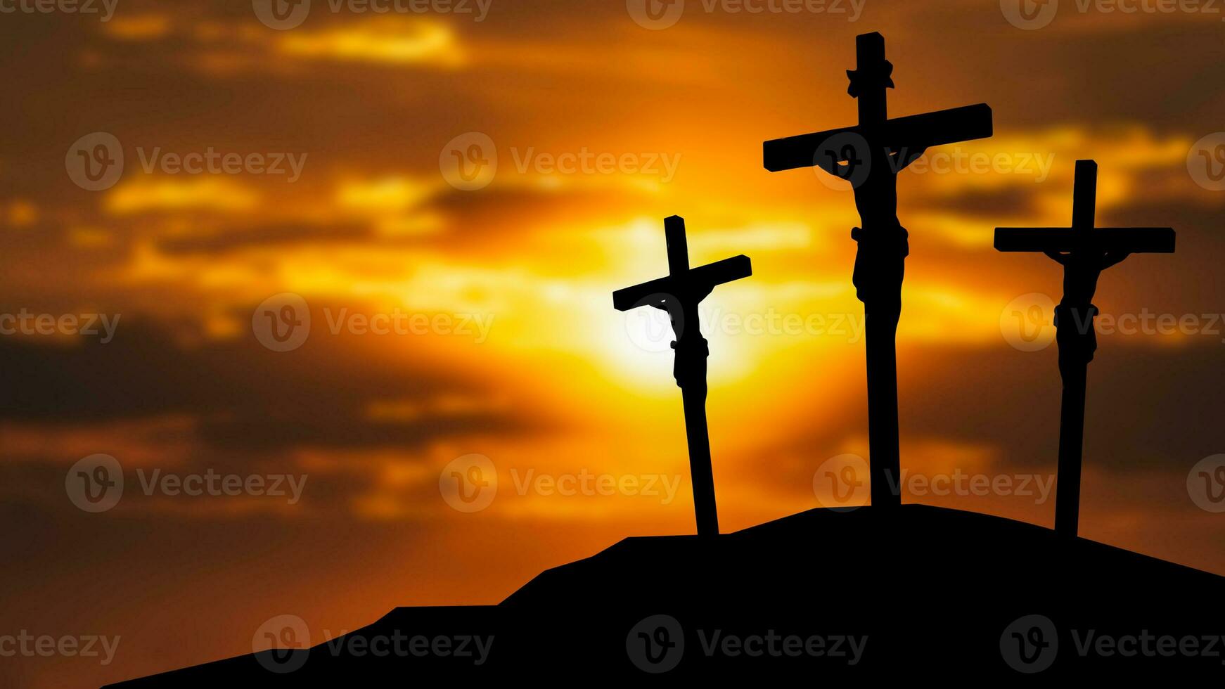 el crucifixión de Jesús Cristo en crepúsculo cielo 3d representación. foto