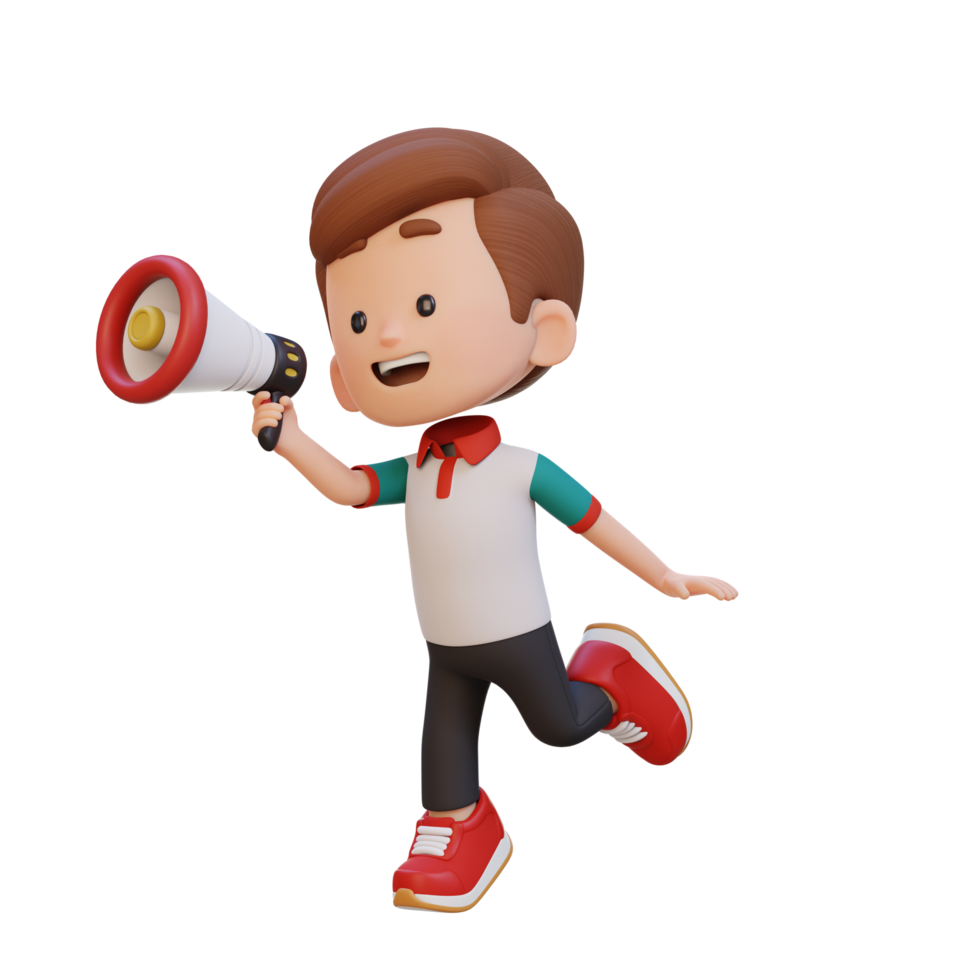 3D cute kid Character jumping and talking on Megaphone png
