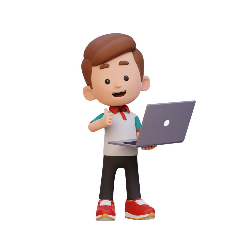 3D cute kid character give a thumb up while holding a laptop png