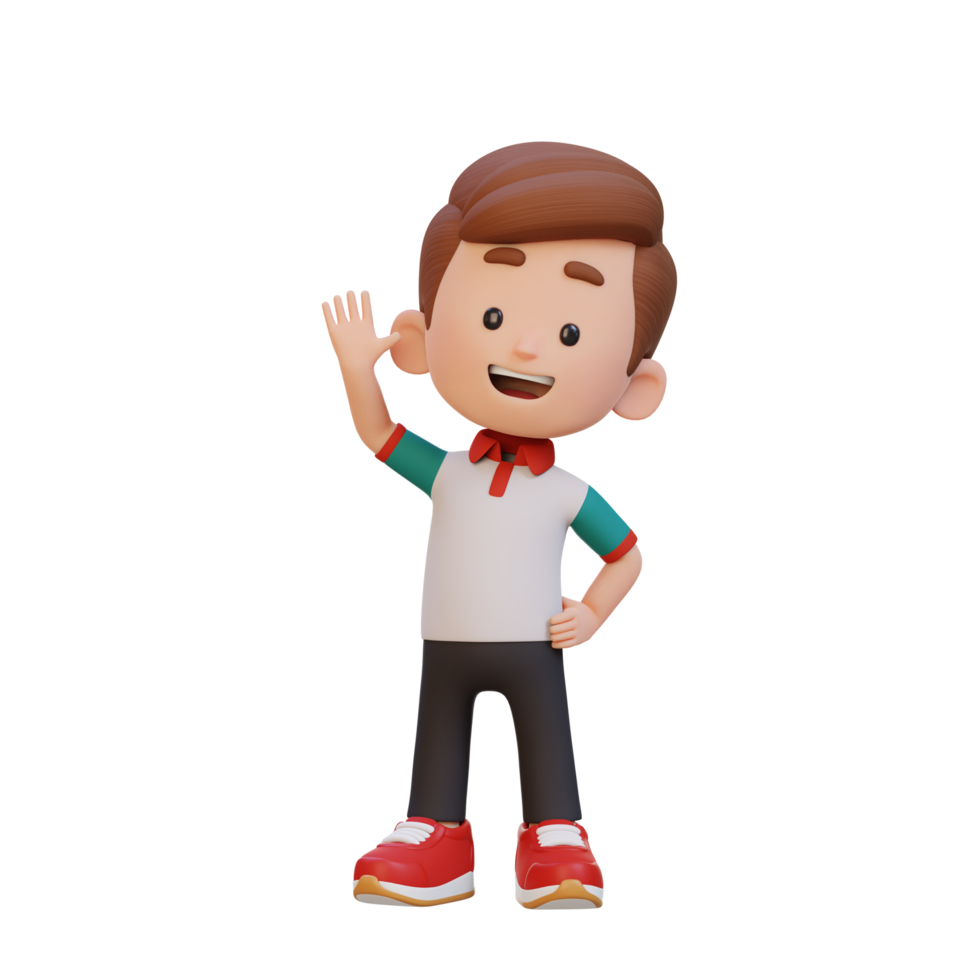 3d ragazzo personaggio agitando mano con carino contento viso png