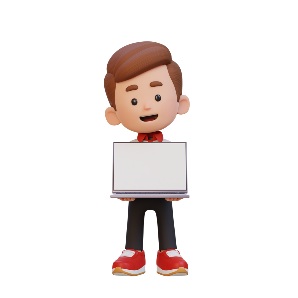 3D kid Character Holding and Presenting to a Laptop with Empty Screen png