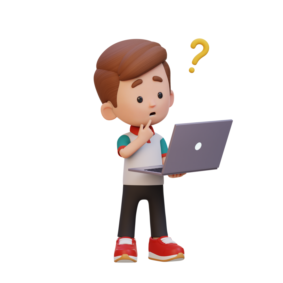 3D cute kid character confused on a laptop png