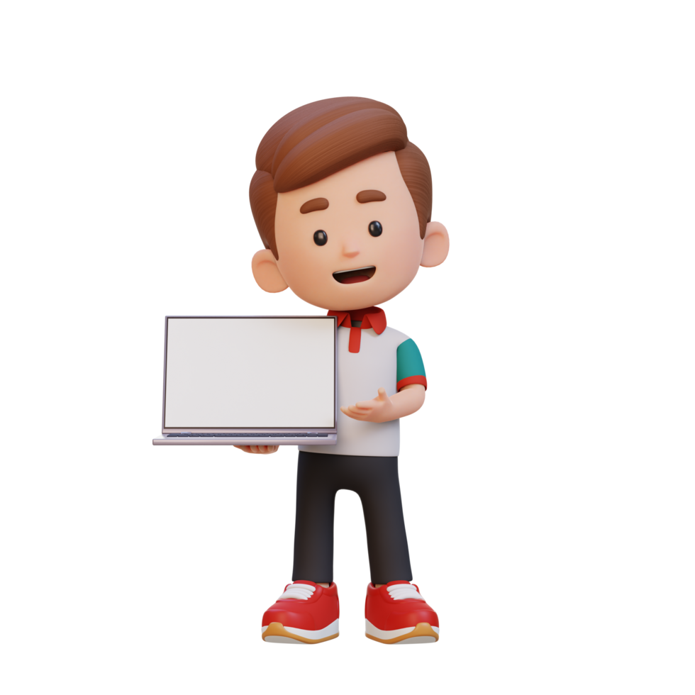 3D kid Character Holding and Presenting to a Laptop with Empty Screen png