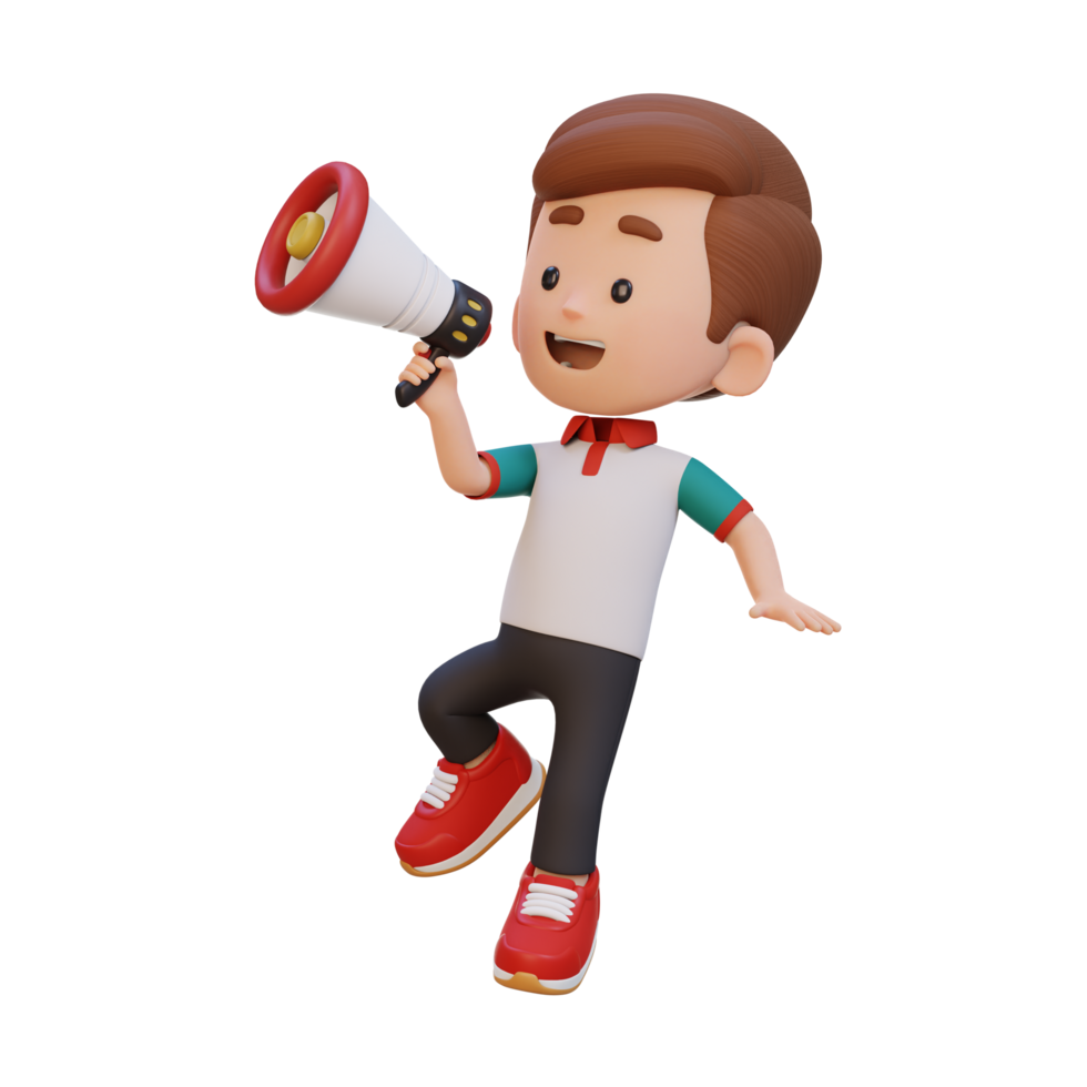 3D cute kid Character jumping and talking on Megaphone png