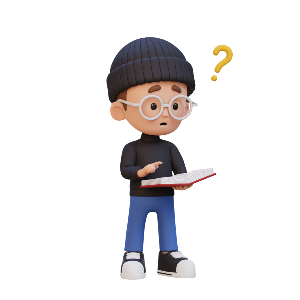 3D kid character get confused when reading a book png