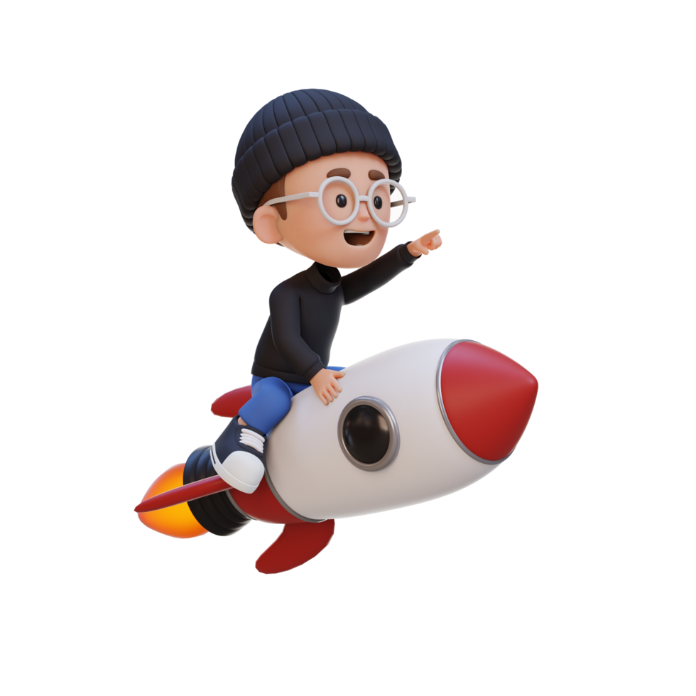 3D kid character riding a rocket and pointing hand png