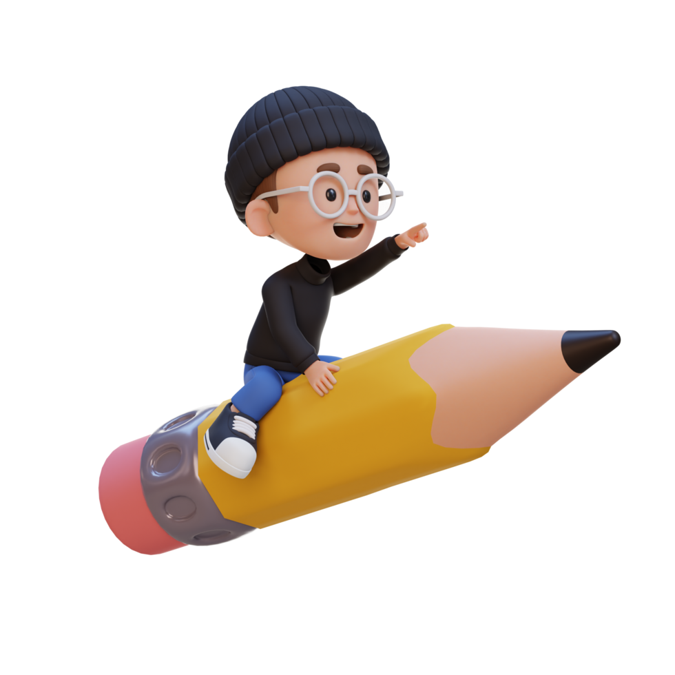 3D kid character riding a pencil and pointing hand png