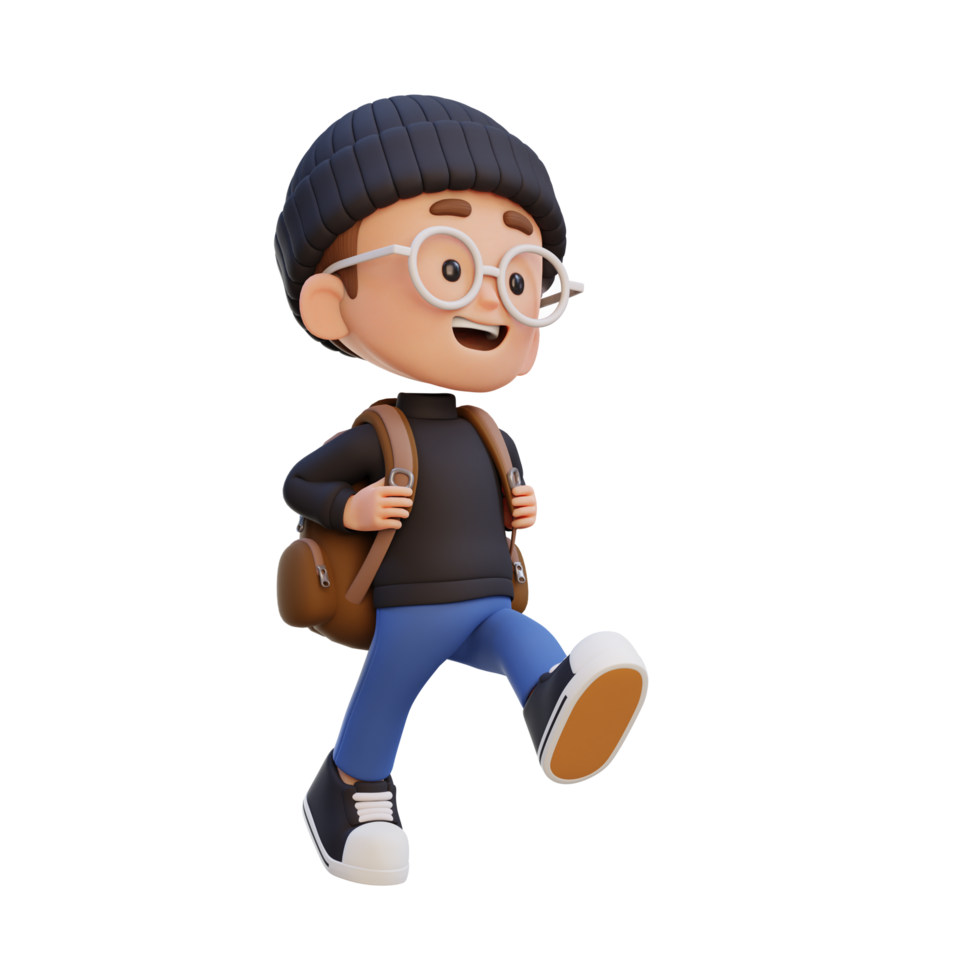 3D happy kid character walking go to school holding bag png