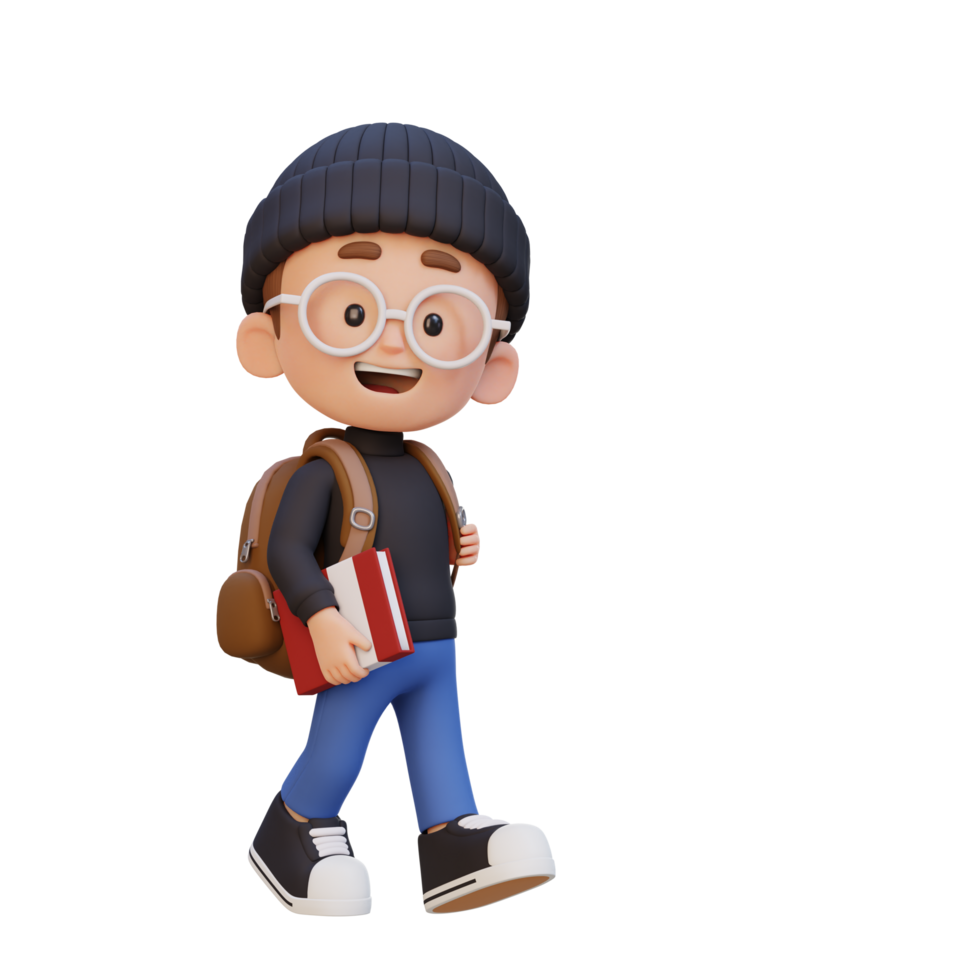 3D happy kid character walking go to school holding book png