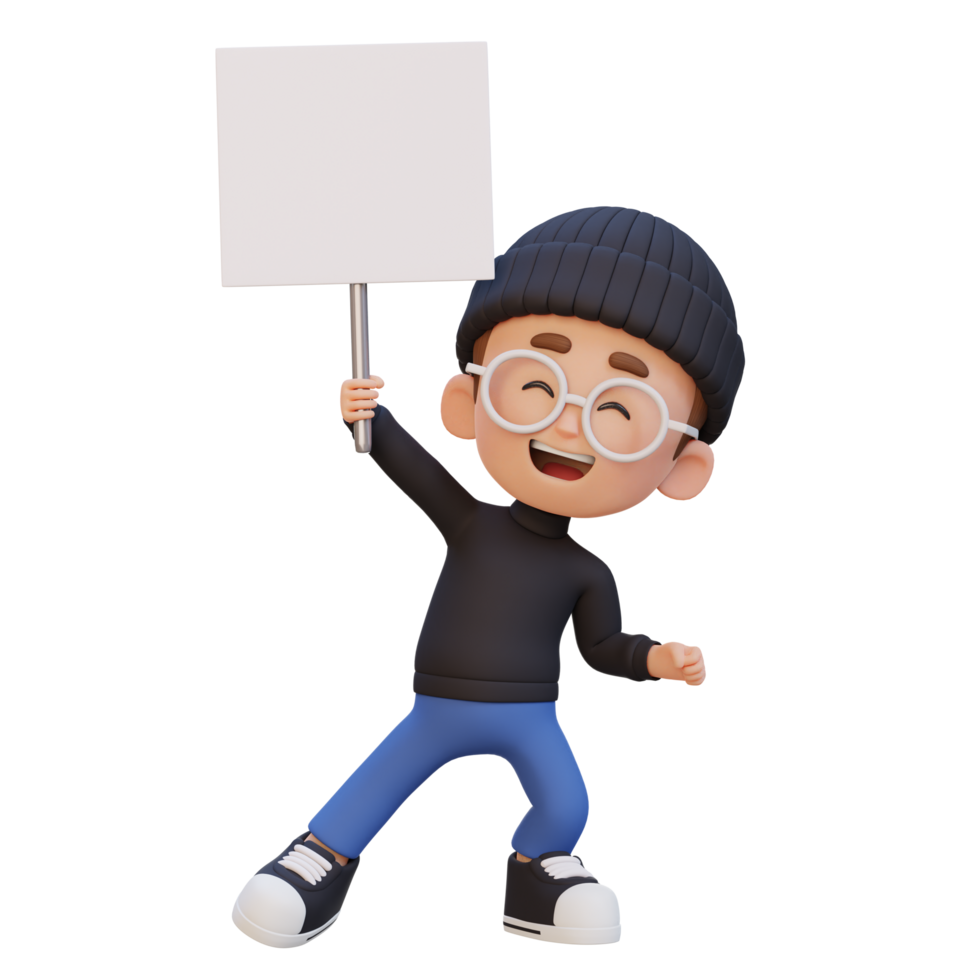 3D kid character holding a blank placard png