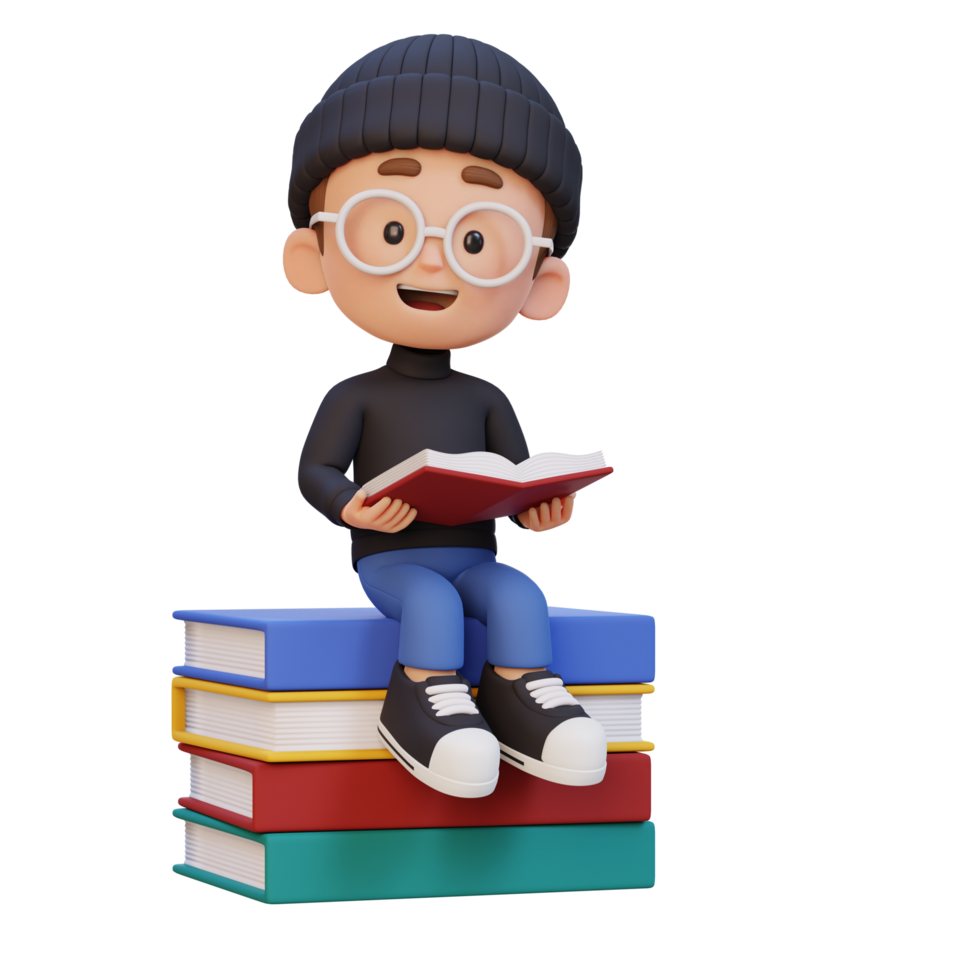 3D happy kid character reading book png