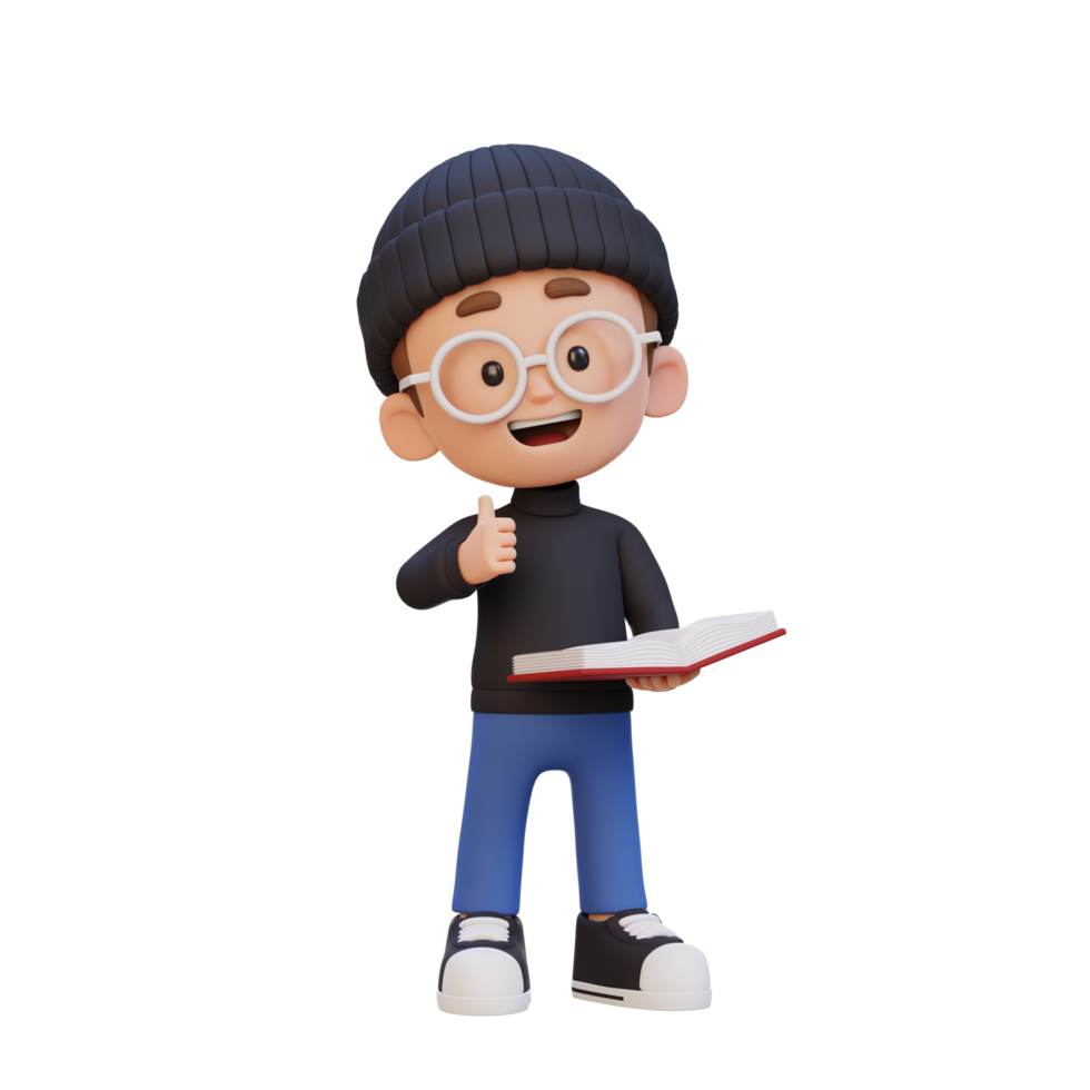 3D happy kid character reading book png