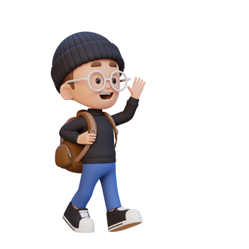 3D happy kid character walking and waving hand png