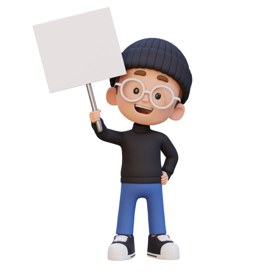 3D kid character holding a blank placard png