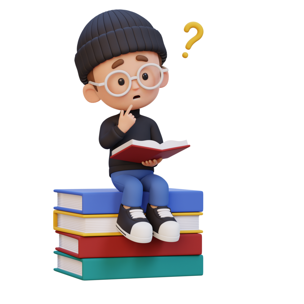 3D kid character get confused when reading a book png