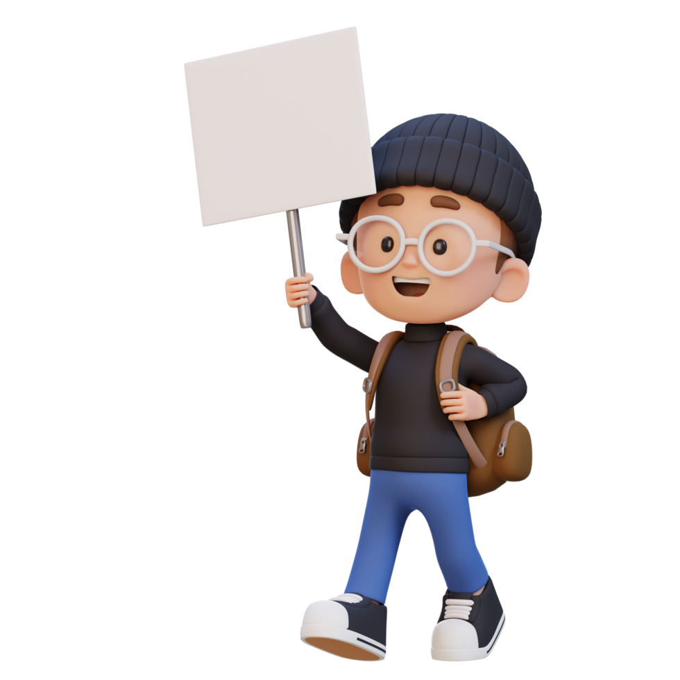 3D kid character holding a blank placard png