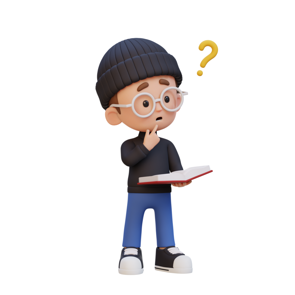 3D kid character get confused when reading a book png