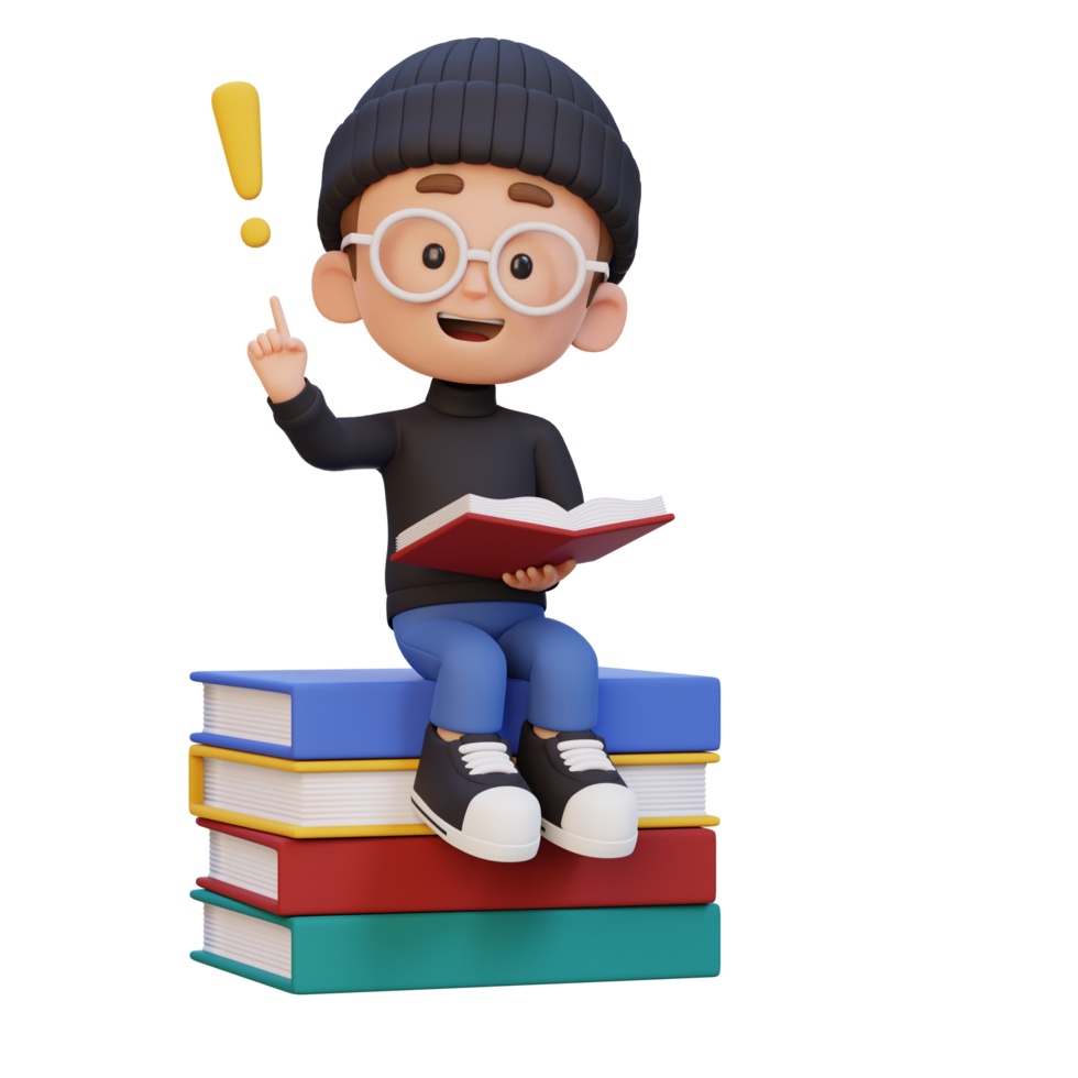 3D kid character get an idea when reading a book png