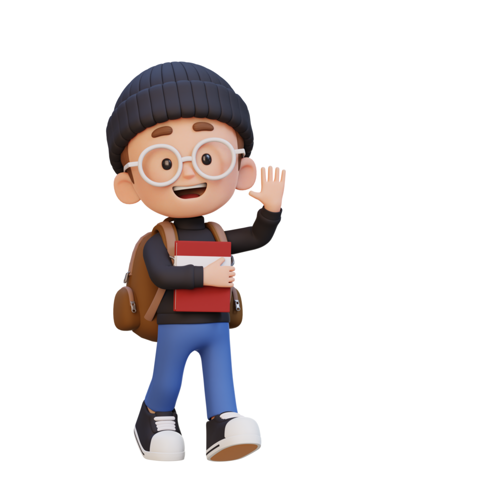 3D happy kid character walking go to school holding book and waving hand png