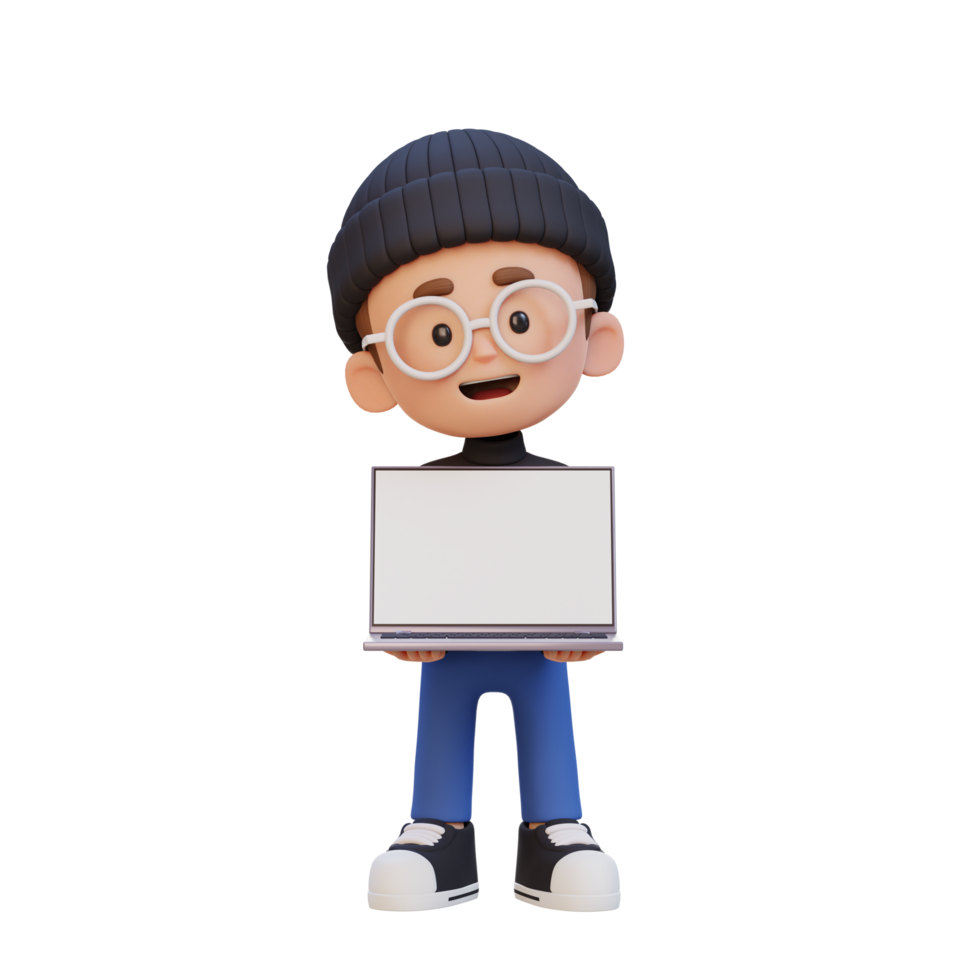 3D kid Character Holding and Presenting to a Laptop with Empty Screen png