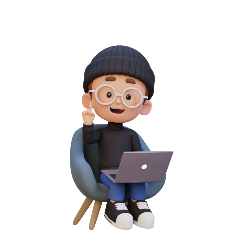 3D kid Character working on a Laptop png