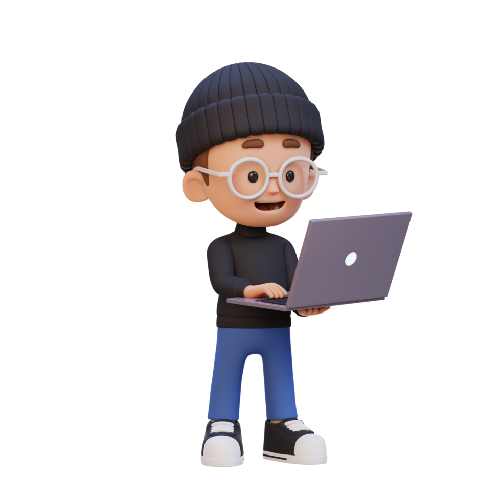 3D kid Character working on a Laptop png