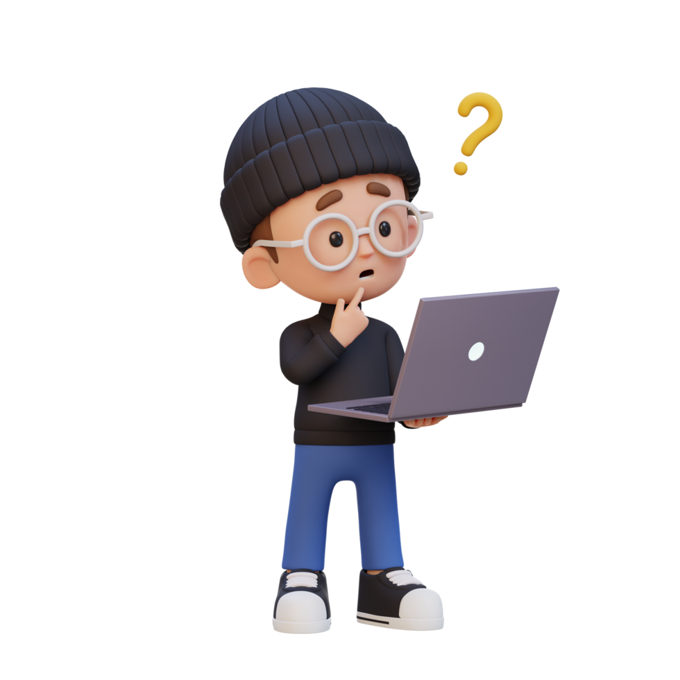 3D cute kid character confused on a laptop png