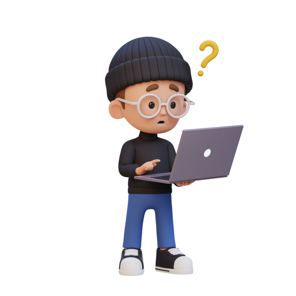 3D cute kid character confused on a laptop png