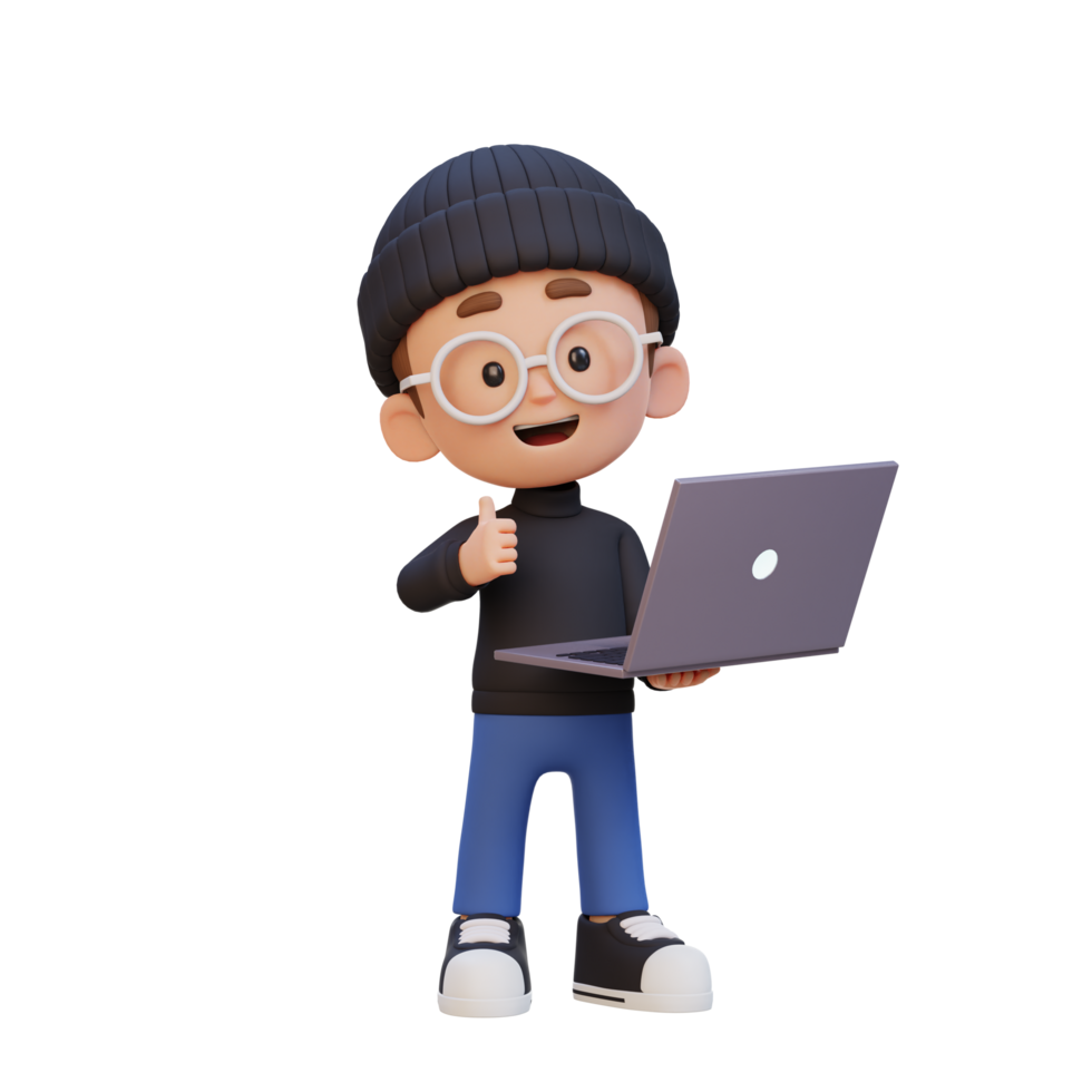 3d schattig kind karakter geven een duim omhoog terwijl Holding een laptop png