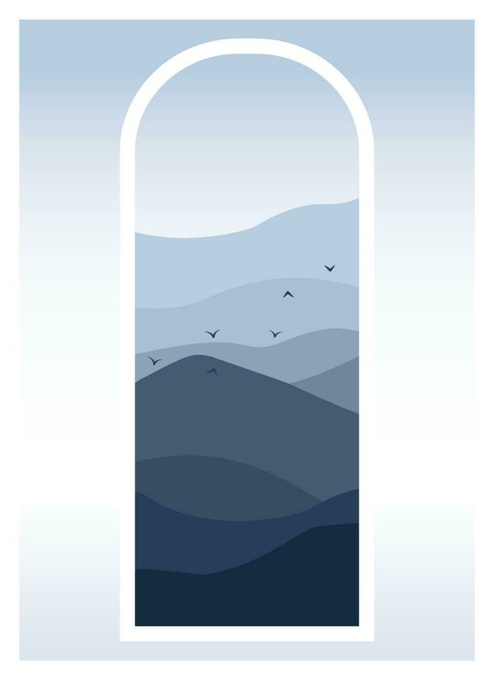View on fog mountains with flying birds poster print. Aesthetic minimalist Japanese landscape vector