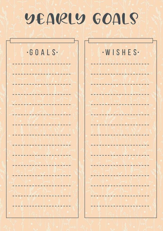 Goal planner template with wild flowers. Pink background blank printable sheet. vector
