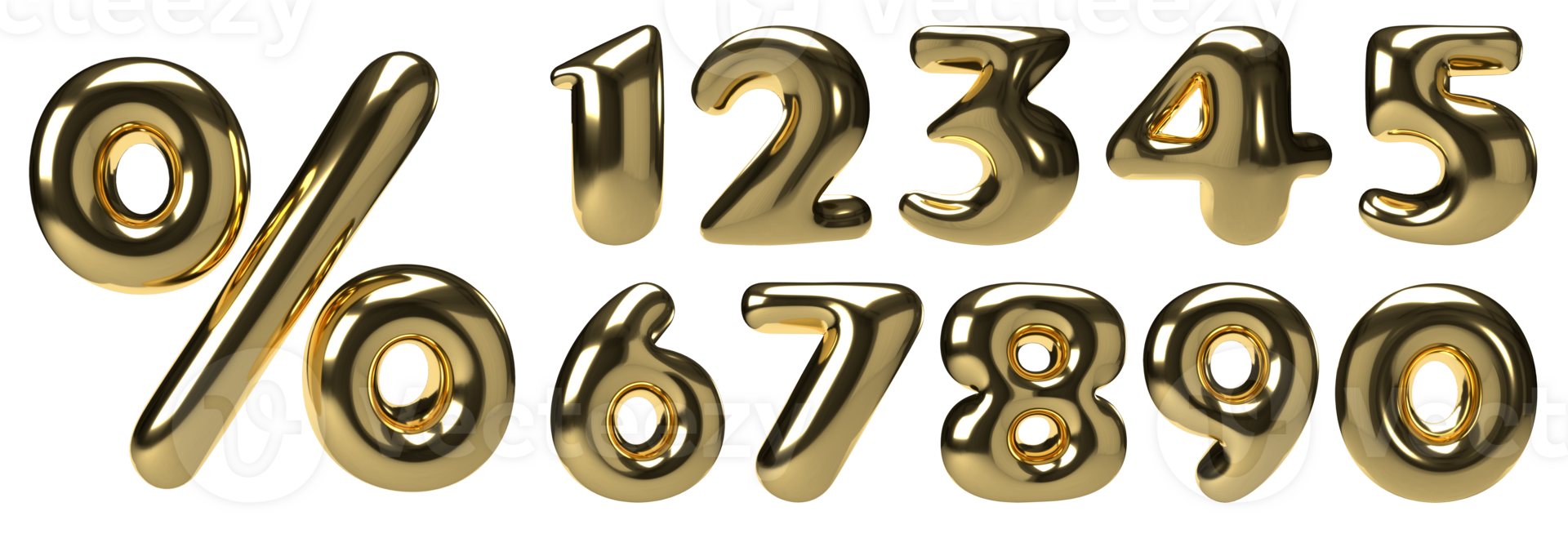 Set of three-dimensional gold numbers and sign percent. Golden balloon design font for Birthday decoration, poster, card. Isolated illustration on transparent background. png