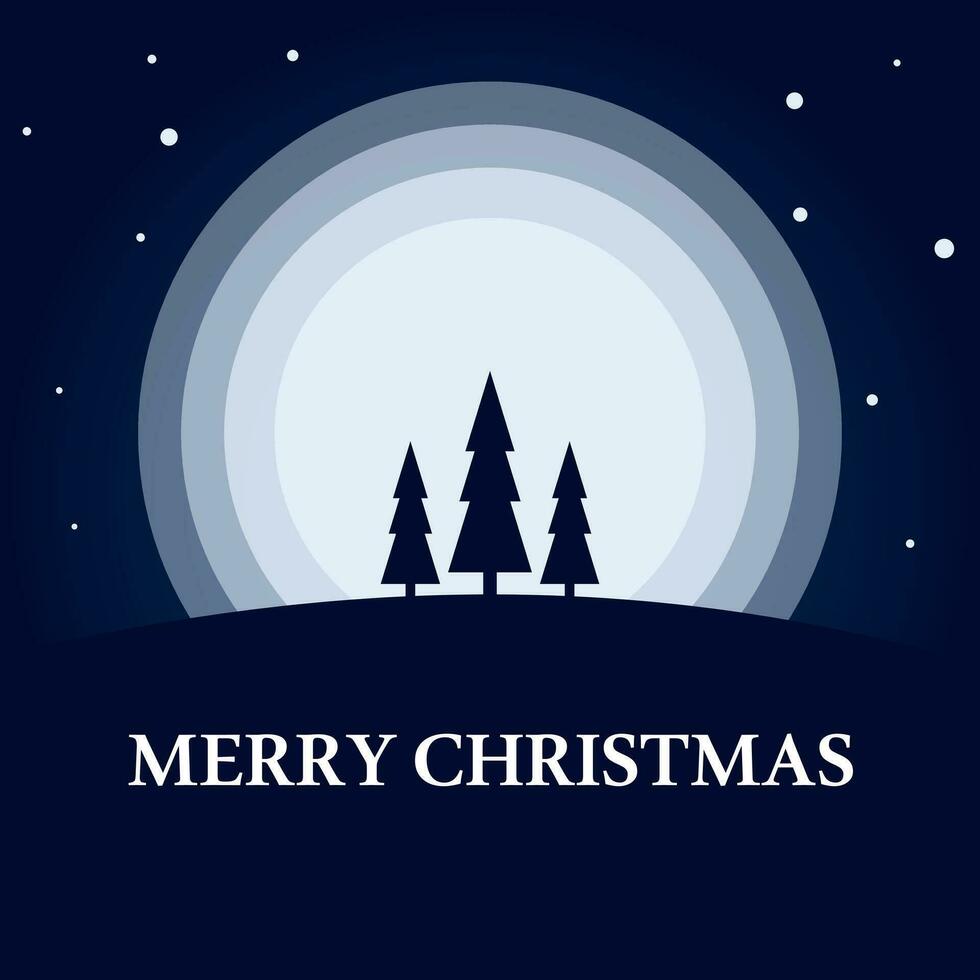 Merry christmas poster with the moon in the middle and 3 trees on a blue background and stars vector