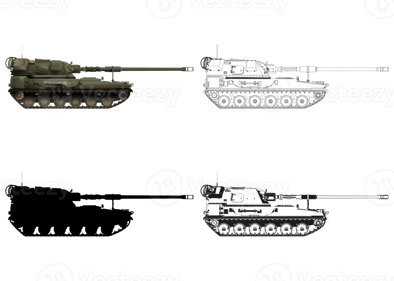 AHS Krab SET. Self-propelled artillery. Army weapons. Military armored vehicle. Detailed colorful PNG illustration.