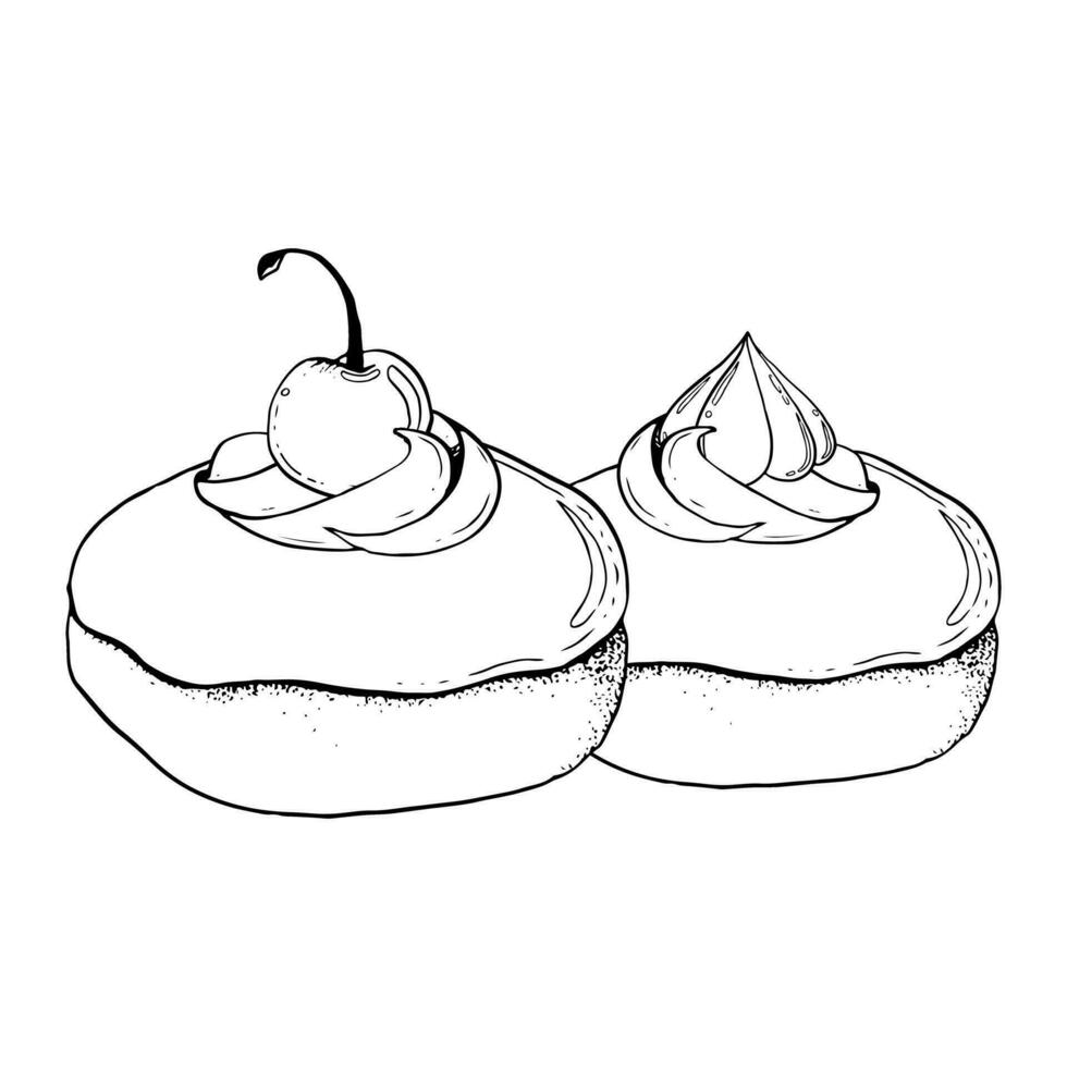 Two vector chocolate glazed donuts dessert with whipped cream, chocolate meringue and cherry hand drawn black and white graphic illustration for bakery or cafe