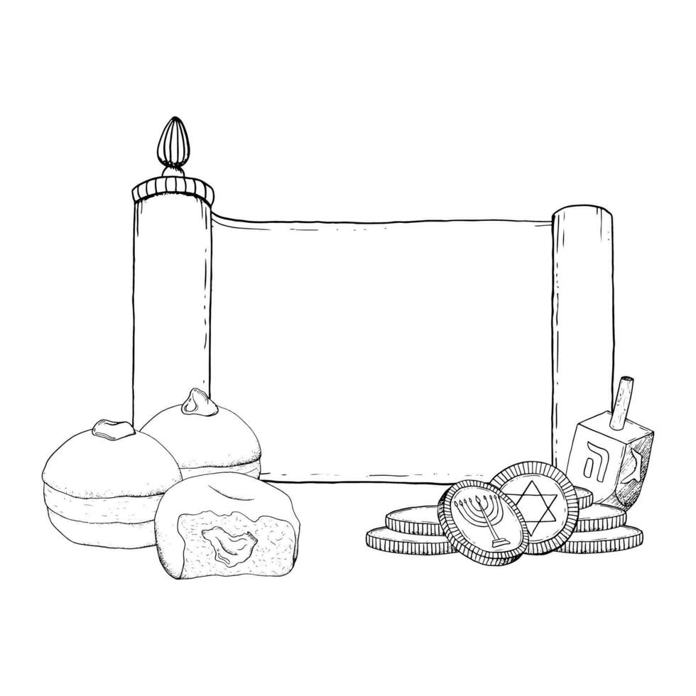 Black and white Hanukkah greeting card template with Torah scroll, traditional donuts, dreidel and coins vector illustration. Hand drawn Jewish sevivon and sufganiyot,