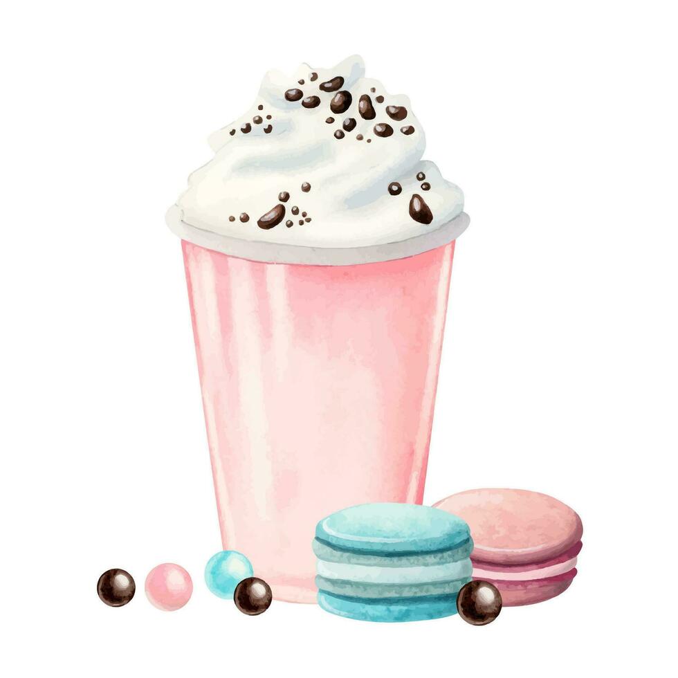 Pink milkshake with whipped cream, macaroons and round candies vector watercolor illustration. Cold summer drink in plastic cup