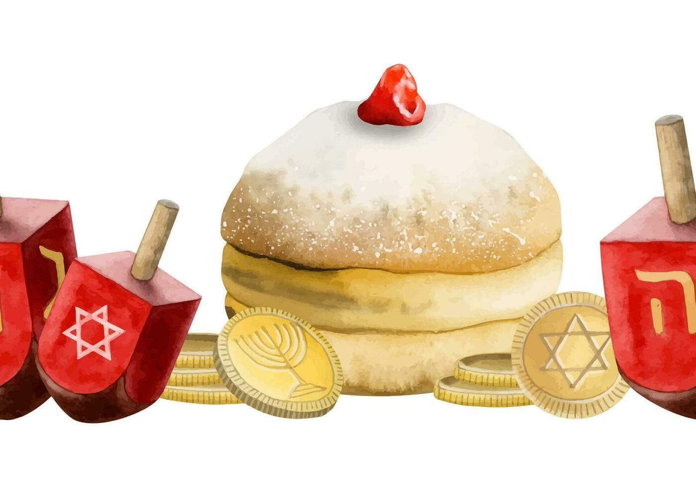 Janucá sin costura frontera con tradicional donas, dreidels y monedas acuarela vector ilustración. mano dibujado judío sevivón, donas, sufganiyot