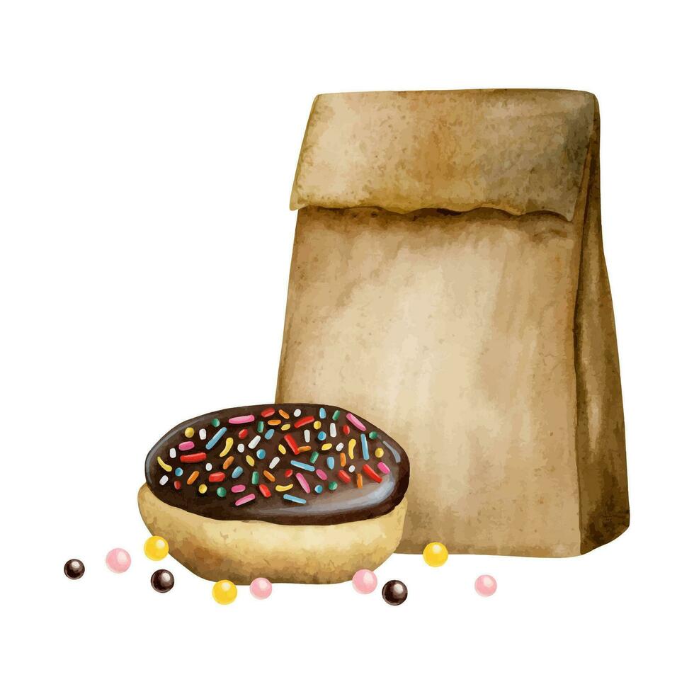 Chocolate glazed donut with sprinkles, round candies and paper craft bag for takeaway watercolor vector illustration