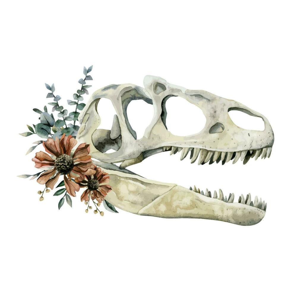 Tyrannosaurus Rex skull with red flowers and eucalyptus watercolor vector illustration. Hand drawn realistic predatory dinosaur