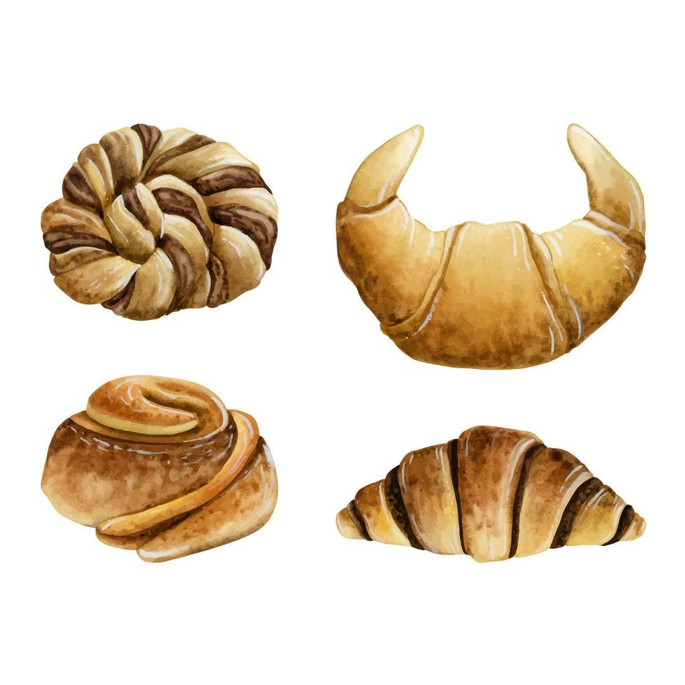 Delicious bakery watercolor vector illustrations set with chocolate butter croissants, cinnamon bun and braided bread for breakfast and coffee break designs. Bakery fresh pastry food