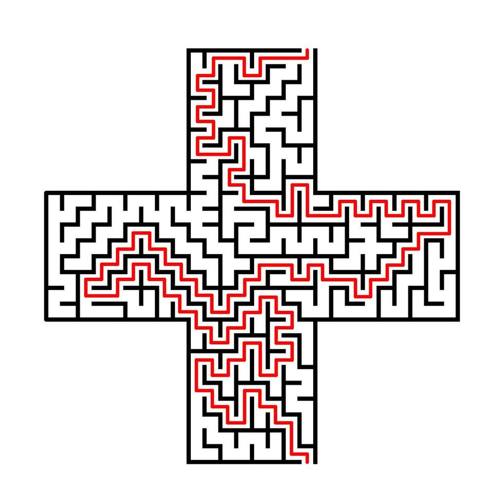 Labyrinth cross shape with answer line ,puzzle game for children,maze vector illustration on white background.