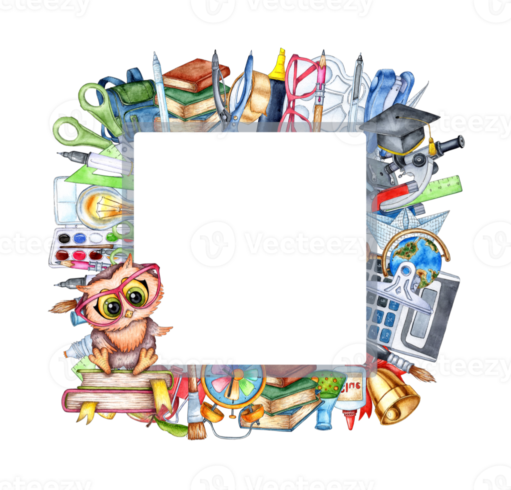 Watercolor illustration square frame with students, school supplies, equipment, stationery and owl. Back to school. Education concept isolated. drawn png