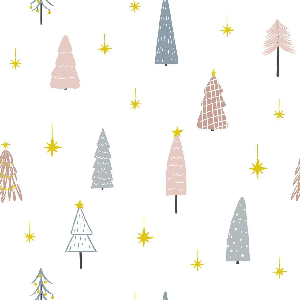 Minimalistic Christmas tree seamless pattern. Hand drawn cute trees and stars on white background vector