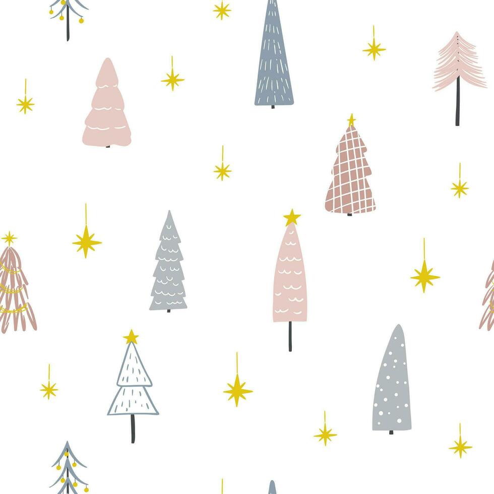 minimalista Navidad árbol sin costura modelo. mano dibujado linda arboles y estrellas en blanco antecedentes vector