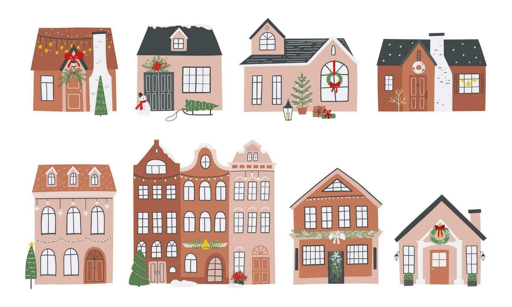 Hand drawn Christmas houses vector illustration set. Buildings with Christmas decorations. Winter holiday clipart