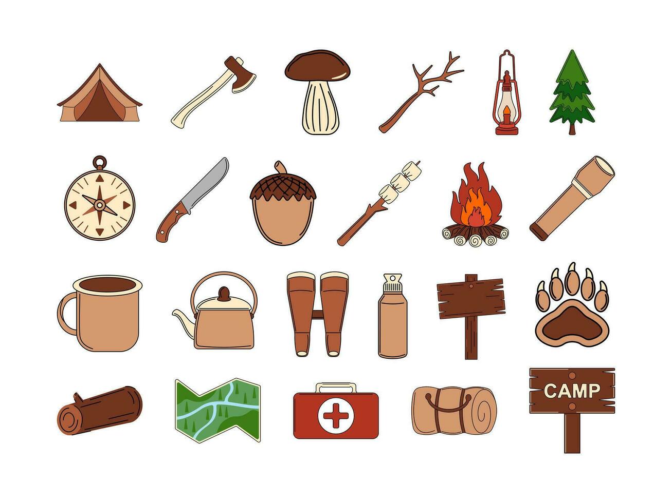 Camping Elements Modern Flat Style. Outdoor Equipment Collection Vector Illustration on White Background.