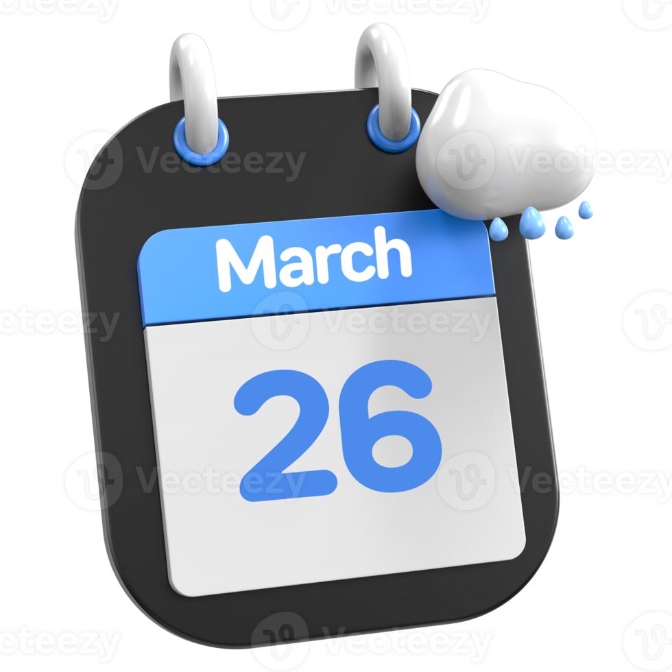 marzo calendario lloviendo nube 3d ilustración día 26 png